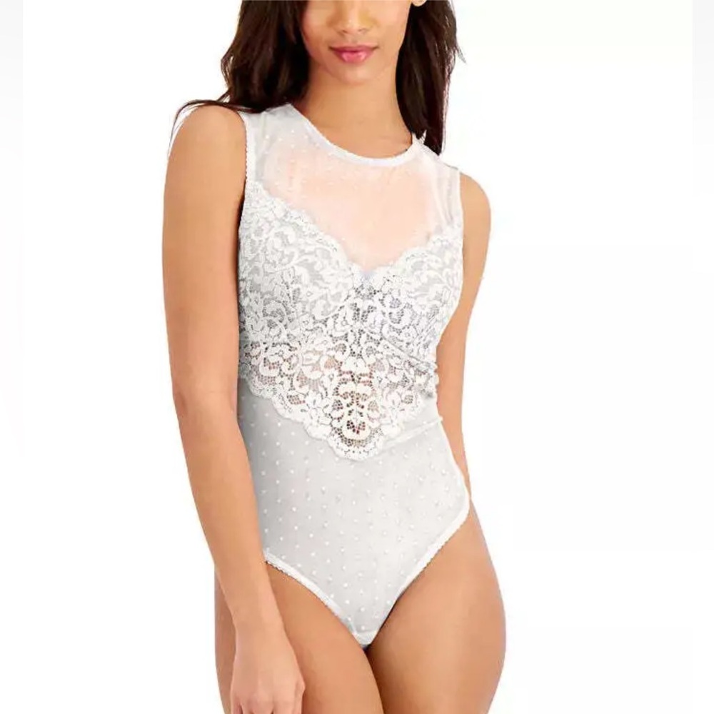 NWT INC INTERNATIONAL CONCEPTS Cupped Swiss Dot Sheer Lace Thong Bodysuit White